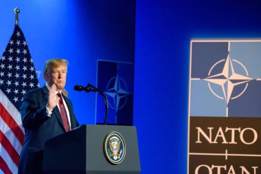 12.07.2018. BRÜZSEL, BELGIUM. NATO (Kuzey Atlantik Antlaşması Örgütü) SUMMMIT 2018 yılında Amerika Birleşik Devletleri Başkanı Donald Trump 'ın basın toplantısı.