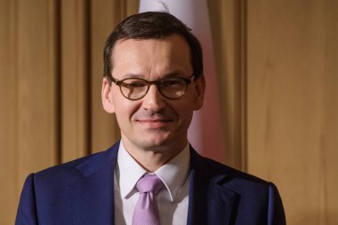 Riga, Letonya. 6 Aralık 2019. Polonya Başbakanı Mateusz Morawieck, Baltık başbakanları ve Polonya başbakanı toplantısından önce. Küçük Birlik, Riga.