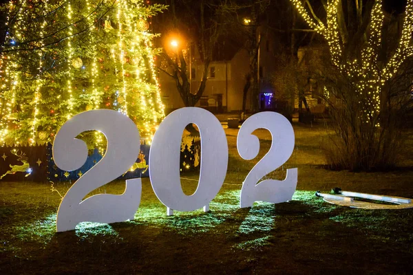 ラトビアのガルベネ 2019年12月31日クリスマスツリーの前で秋の0記号と年2020サイン — ストック写真