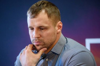 Riga, Letonya. 22 Ocak 2020. Mairis Briedis, basın toplantısında, Yuniel Dorticos ile Dünya Boks Süper Serisi 'nde Ibf unvanı için yapacağı maçtan önce.