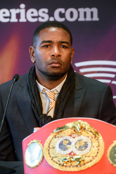 RIGA, LATVIA. 22nd January 2020. Cuban boxer Yuniel Dorticos, during press conference, before his upcoming fight for IBF title with latvian boxer Mairis Briedis at World Boxing Super Series.