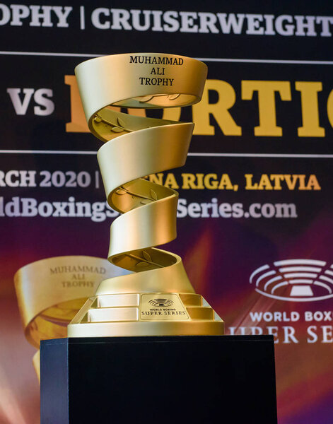 RIGA, LATVIA. 22nd January 2020. Muhammad Ali Trophy, during Press conference of  Mairis Briedis and Yuniel Dorticos, before their upcoming fight for IBF title at World Boxing Super Series.
