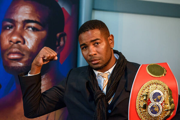 RIGA, LATVIA. 22nd January 2020. Cuban boxer Yuniel Dorticos, during press conference, before his upcoming fight for IBF title with latvian boxer Mairis Briedis at World Boxing Super Series.