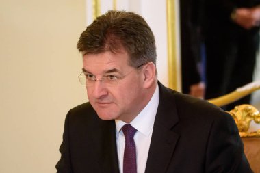 Riga, Letonya. 31 Ocak 2020. Letonya Parlamentosu Başkanı Inara Murniece ile yaptığı görüşmede, Slovakya Dışişleri ve Avrupa İşleri Bakanı Miroslav Lajcak.