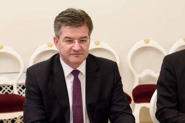 Riga, Letonya. 31 Ocak 2020. Letonya Parlamentosu Başkanı Inara Murniece ile yaptığı görüşmede, Slovakya Dışişleri ve Avrupa İşleri Bakanı Miroslav Lajcak.
