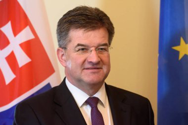 Riga, Letonya. 31 Ocak 2020. Letonya Parlamentosu Başkanı Inara Murniece ile yaptığı görüşmede, Slovakya Dışişleri ve Avrupa İşleri Bakanı Miroslav Lajcak.