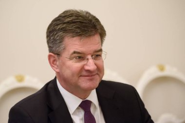 Riga, Letonya. 31 Ocak 2020. Letonya Parlamentosu Başkanı Inara Murniece ile yaptığı görüşmede, Slovakya Dışişleri ve Avrupa İşleri Bakanı Miroslav Lajcak.