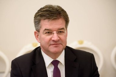 Riga, Letonya. 31 Ocak 2020. Letonya Parlamentosu Başkanı Inara Murniece ile yaptığı görüşmede, Slovakya Dışişleri ve Avrupa İşleri Bakanı Miroslav Lajcak.