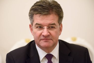 Riga, Letonya. 31 Ocak 2020. Letonya Parlamentosu Başkanı Inara Murniece ile yaptığı görüşmede, Slovakya Dışişleri ve Avrupa İşleri Bakanı Miroslav Lajcak.