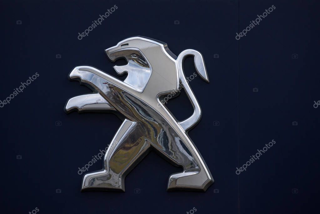 RIGA, LATVIA. 22nd January 2020. Peugeot company logo near automobile centre. Peugeot is a French automotive manufacturer, part of Groupe PSA.