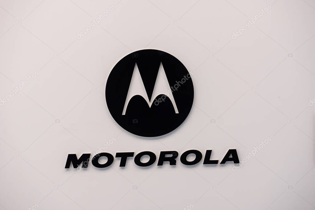 RIGA, LATVIA.  22nd January, 2020. Logo of MOTOROLA company at shopping centre Akropole. Motorola - American multinational telecommunication company.