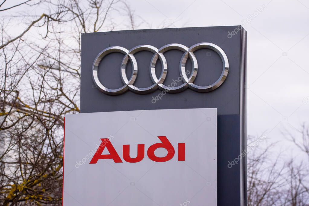 RIGA, LATVIA. 17th March 2020. AUDI company logo near Audi centre in Riga. Audi is a German automobile manufacturer.
