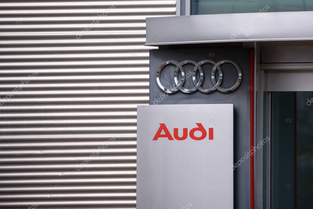 RIGA, LATVIA. 17th March 2020. AUDI company logo near Audi centre in Riga. Audi is a German automobile manufacturer.
