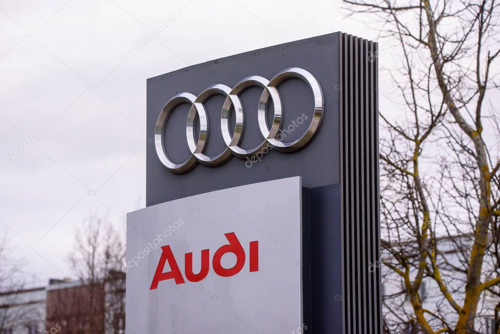 RIGA, LATVIA. 17th March 2020. AUDI company logo near Audi centre in Riga. Audi is a German automobile manufacturer.
