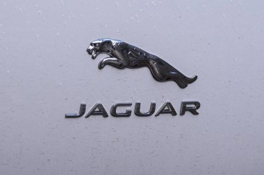 RIGA, LATVIA. 17 Eylül 2019. Jaguar logosu arabada. İngiliz çok uluslu araba üreticisi Jaguar Land Rover 'ın lüks bir markası.