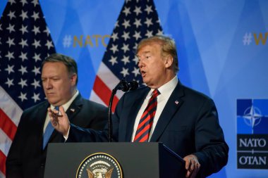12.07.2018. BRÜZSEL, BELGIUM. NATO (Kuzey Atlantik Antlaşması Örgütü) SUMMMIT 2018 yılında Amerika Birleşik Devletleri Başkanı Donald Trump 'ın basın toplantısı