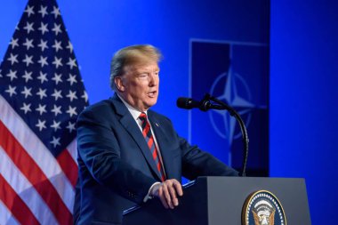 12.07.2018. BRÜZSEL, BELGIUM. NATO (Kuzey Atlantik Antlaşması Örgütü) SUMMMIT 2018 yılında Amerika Birleşik Devletleri Başkanı Donald Trump 'ın basın toplantısı