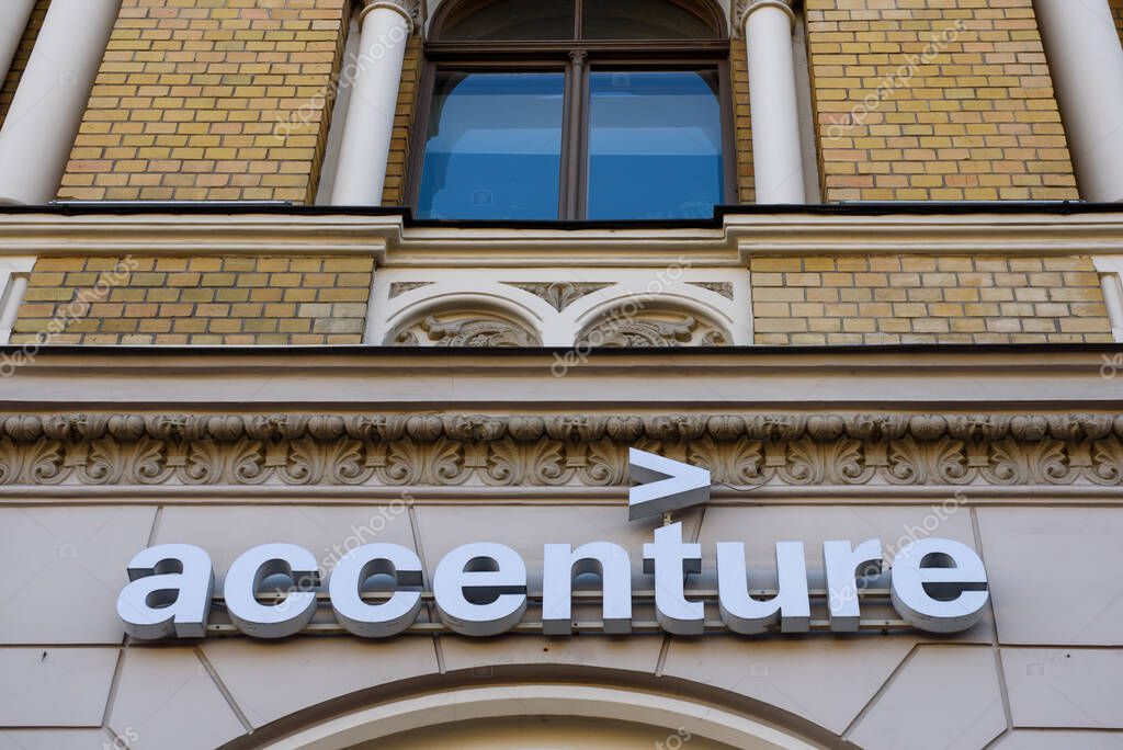 RIGA, LATVIA. 11th April 2020. Logo of Accenture company. Accenture is a global management consulting and professional services firm that provides strategy, consulting, digital, technology and operations services.