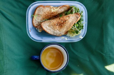 Plastik kutuda salatalı sandviç ve sütlü kahve. Açık havada piknik..