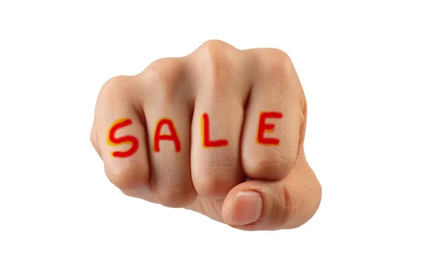 Prodej slovo v ruce izolovaných na bílém pozadí s oříznutí pat — Stock fotografie
