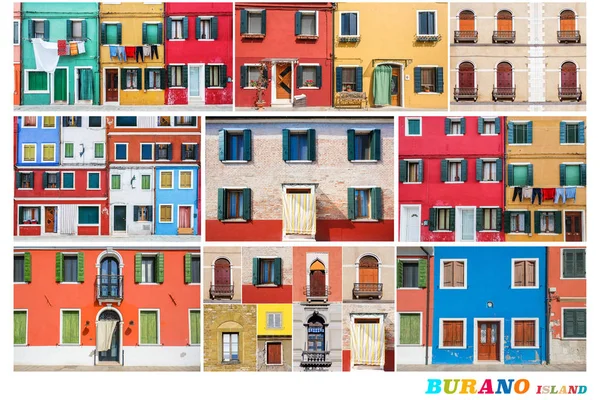 Färgglada collage gjorda av dörr och fönster från Burano Venedig, det — Stockfoto