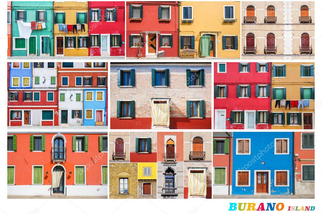 Colorful collage made of door and windows from Burano Venice, It