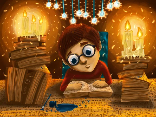 Lezer jongen is lezing en denken in de studie 's nachts. Relais — Stockfoto