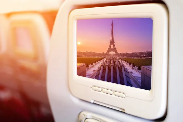 Aircraft Monitor Front Passenger Seat Showing Eiffel Tower Fountain Jardins — Stock Photo, Image