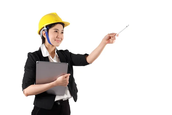 Young woman engineer holding digital tablet wtih smiling isolate — Stock Photo, Image