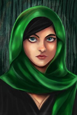 Yeşil eşarp ile güzel bir kadın portresi dijital boyama