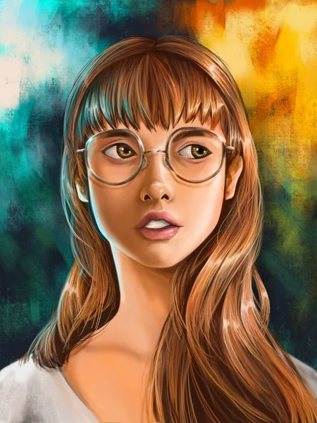 Close up Digital painting portrait of young woman wearing glasse — Stock Photo, Image