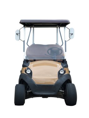 Kahverengi golf arabasının ön görüntüsü beyaz üzerine izole 