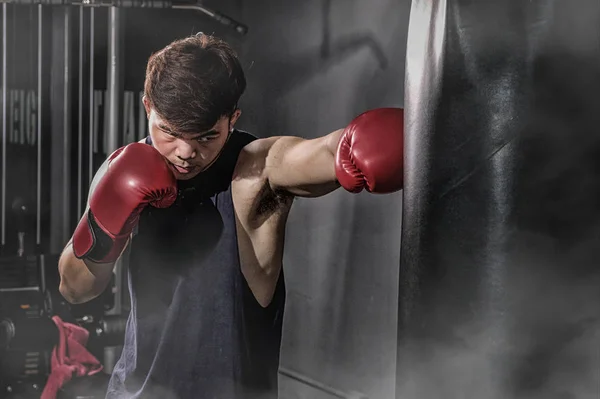 Boxeador golpeando un enorme saco de boxeo en un estudio de boxeo — Foto de Stock
