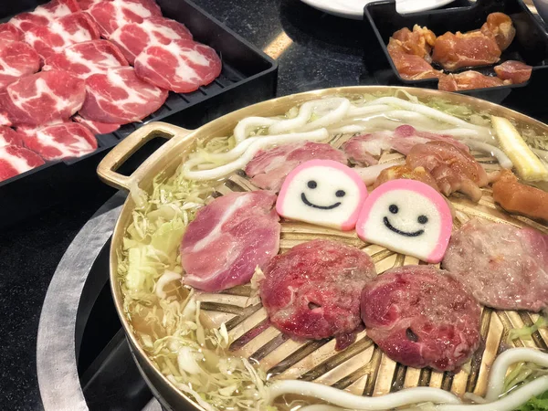 Smilling Thai barbecue buffet pork, meat, vegetable and noodle i — Stock Photo, Image