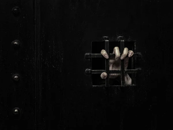 Horor žena zamčená v tmavé kleci ruka drží klec děsivé scény h — Stock fotografie