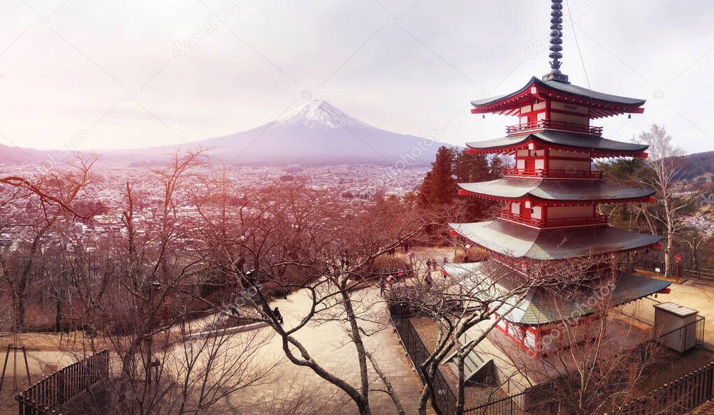 Panoramic view of Red Chureito Pagoda and Snow covered Mount Fuji  in Shimoyoshida - Arakurayama Sengen Park in Fujiyoshida near Kawaguchigo