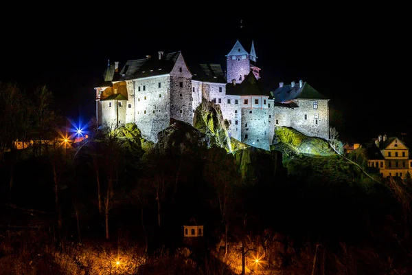 Vista Noturna Uma Cidade Loket Loket Castle Hrad Loket Burg — Fotografia de Stock