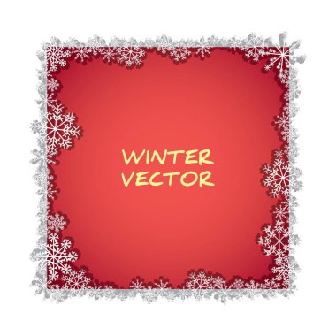 Kar taneleri ve gölgelerle izole edilmiş Foto Frame. Dekoratif Kış Şablonu çizimi. Kart ya da davet tasarımı için vektör şablonu