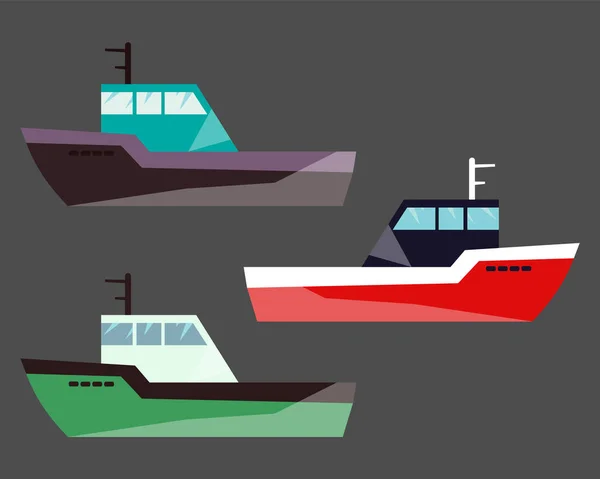 Version Fishing Ships. Vector water isolated flat transport icon. Ship at sea, shipping boat, motor boat ocean transport — 스톡 벡터