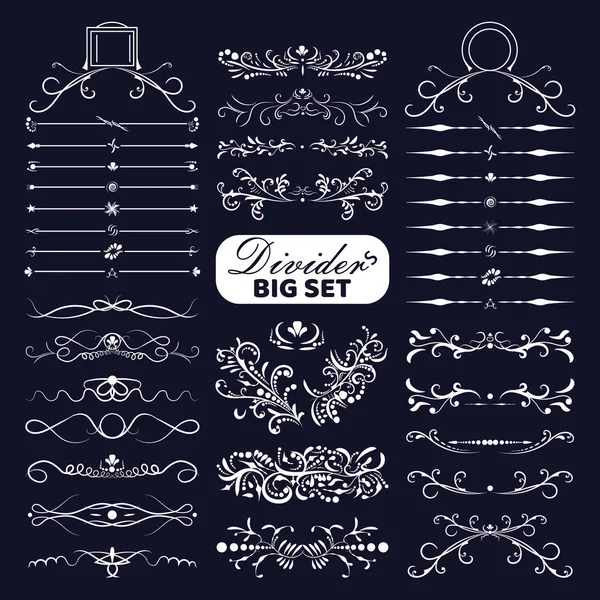 Big set of white decorative flourishes dividers on dark background. Vector Collection ornate page decor elements banners, frames, dividers, ornaments and patterns — Stock Vector
