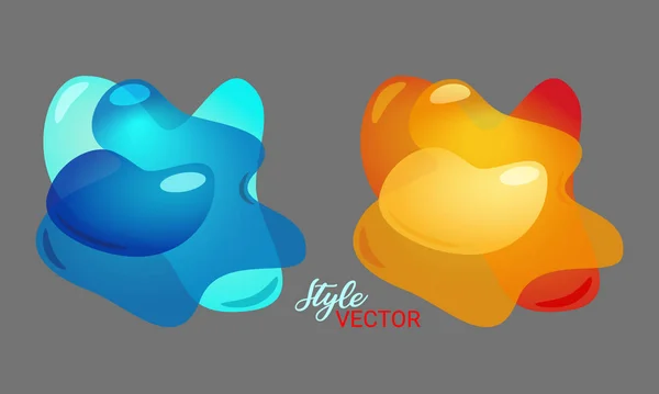 Laranja e azul 3D Lliquid fluido elementos abstratos. Vector desfoque formas livres gradiente de cor. Formas coloridas orgânicas volumétricas em preto —  Vetores de Stock