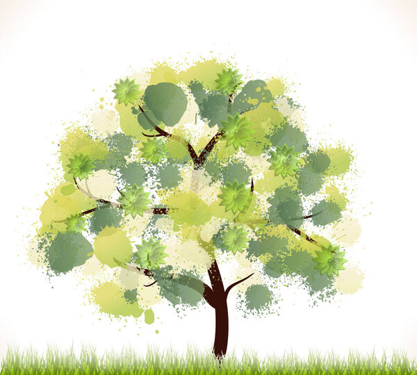 Spring Abstract Background. Eco Style with Green Tree and Grass. Ecology nature Design. Jpeg Illustration.