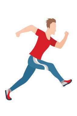 Düz dizayn tarzında koşan adamın Jpeg çizimi. Spor. Koşun! Aktif fitness. Egzersiz ve atlet. Spor hareketlerinin çeşitliliği. Düz çizgi film tarzı. Yan görüş. Basit tasarım.