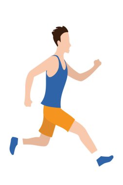 Düz dizayn tarzında koşan adamın Jpeg çizimi. Spor. Koşun! Aktif fitness. Egzersiz ve atlet. Spor hareketlerinin çeşitliliği. Düz çizgi film tarzı. Yan görüş. Basit tasarım.