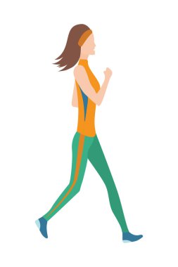 Düz tasarımla hızlı yürüyen kadınların Jpeg çizimi. Spor. Koşun! Aktif fitness. Egzersiz ve atlet. Spor hareketlerinin çeşitliliği. Düz çizgi film tarzı. Yan görüş. Basit tasarım.