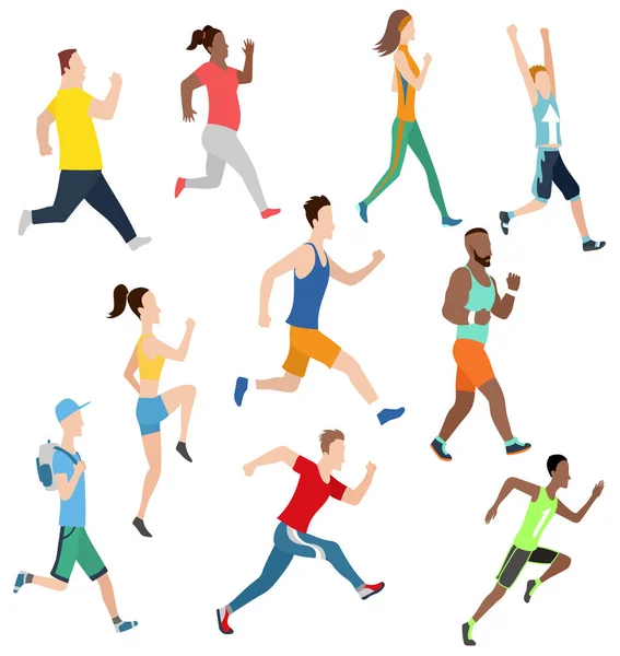 Collection of running man and women in flat design style. Sport. Run. Active fitness. Exercise and athlete. Variety of sport movements. Flat cartoon style. Side view. Simple design. Jpeg illustration.