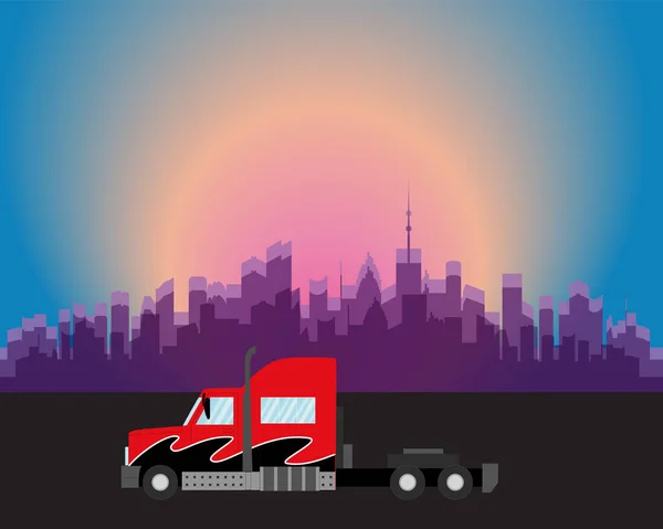 Leverans lastbil på stadens bakgrund. Transport för sjöfart och gods. Vektor Illustration — Stock vektor