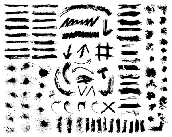 Big black brushes collection. Paint brush splashes, strokes, lines. Set of freehand drawing artistic elements on white background. Abstract isolated fluid symbols for grunge design — Stock Vector