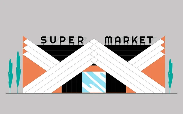 Edificio de supermercados sobre fondo gris. Paisaje urbano. Estilo plano, ilustración vectorial — Vector de stock