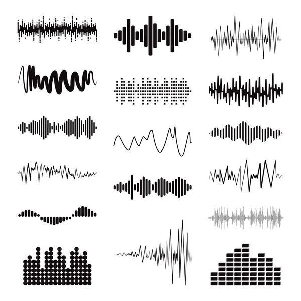 Grande collezione di onde sonore nere. Set di loghi audio isolati, simboli di design. Elementi di equalizzazione vettoriale. Lettori di musica pulsata — Vettoriale Stock